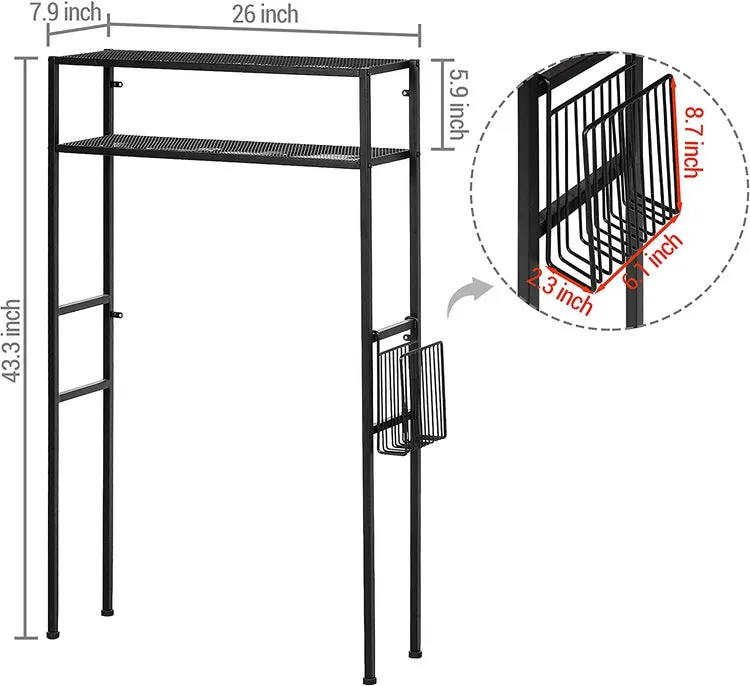 2-Tier Freestanding Matte Black Metal Over-the-Toilet Storage Rack with Magazine Holder Basket