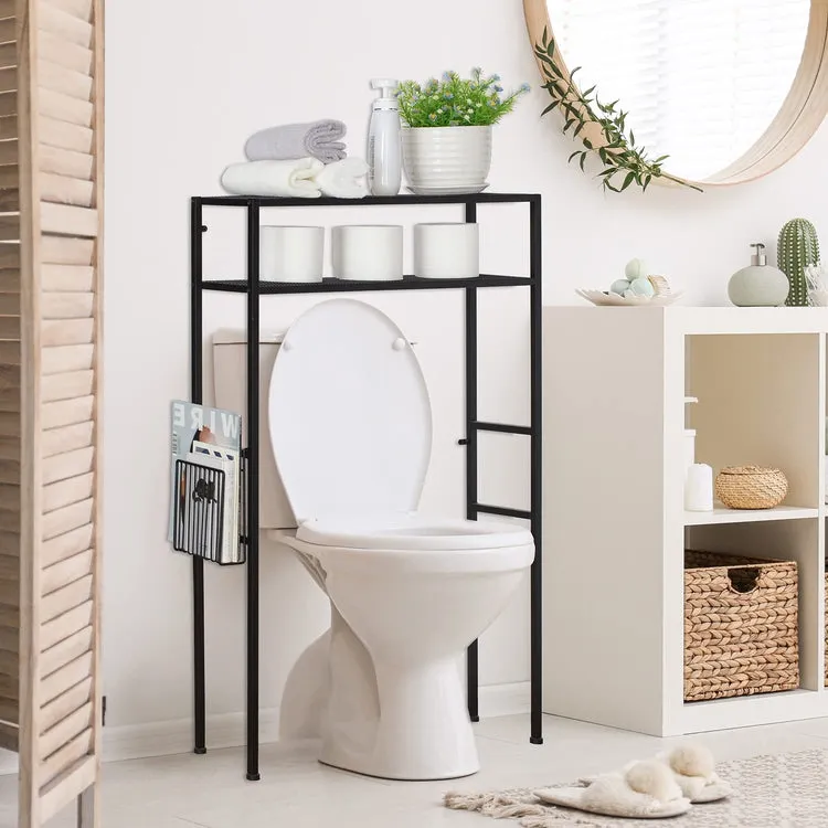 2-Tier Freestanding Matte Black Metal Over-the-Toilet Storage Rack with Magazine Holder Basket