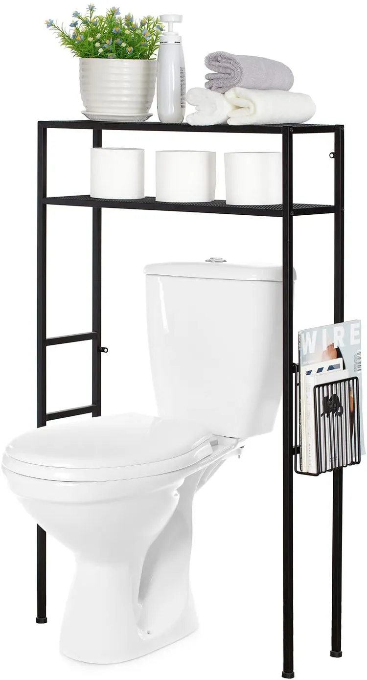 2-Tier Freestanding Matte Black Metal Over-the-Toilet Storage Rack with Magazine Holder Basket