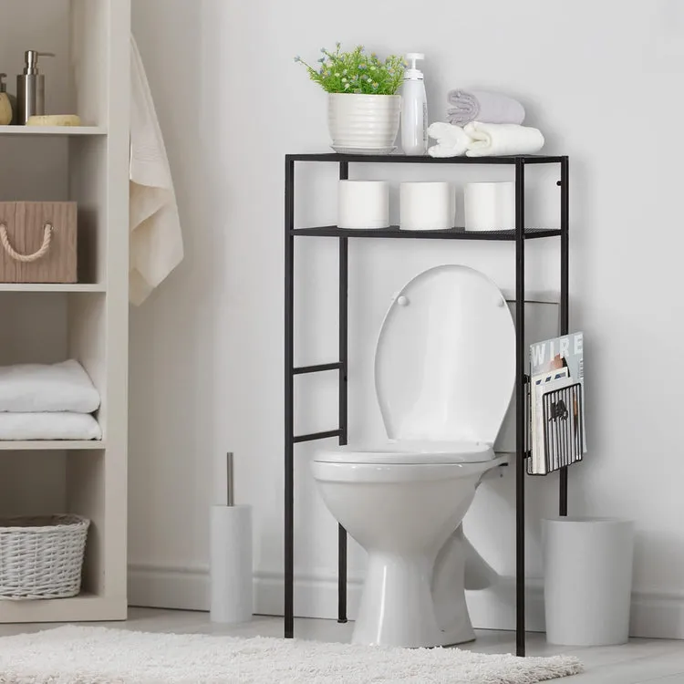 2-Tier Freestanding Matte Black Metal Over-the-Toilet Storage Rack with Magazine Holder Basket