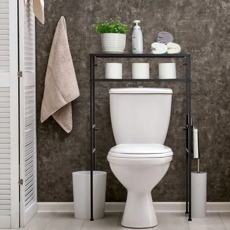 2-Tier Freestanding Matte Black Metal Over-the-Toilet Storage Rack with Magazine Holder Basket