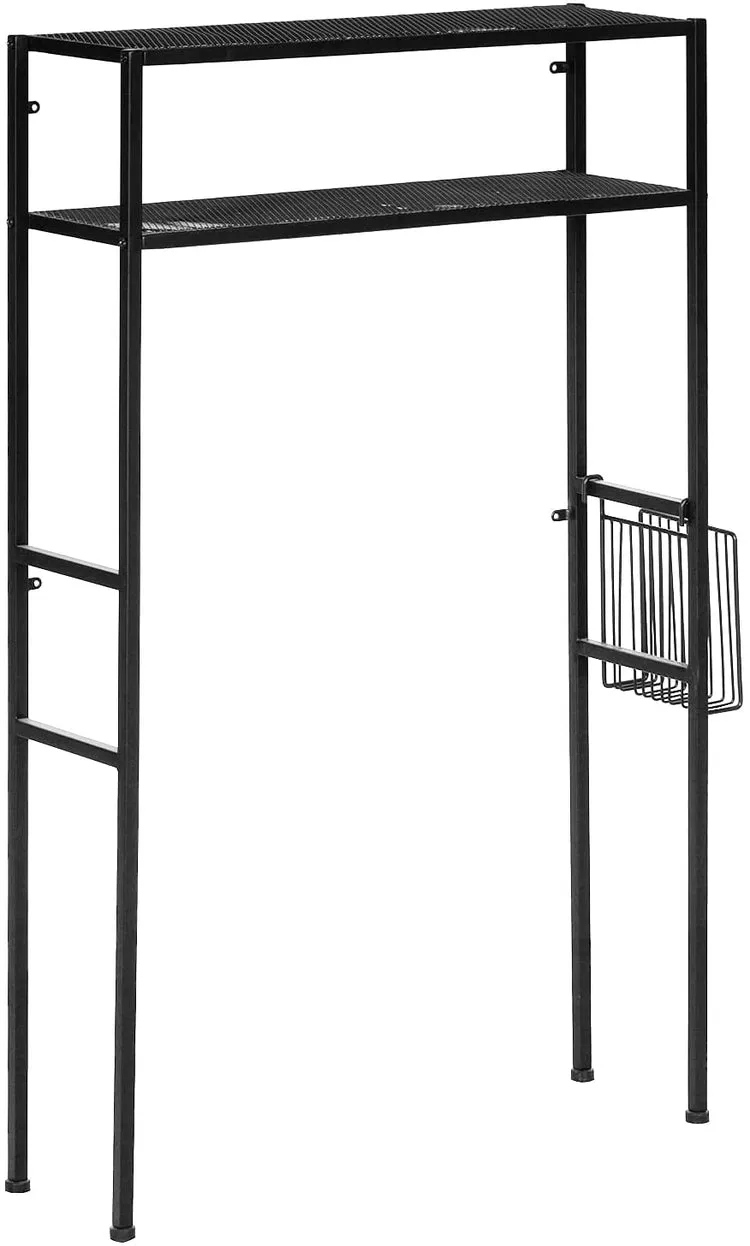 2-Tier Freestanding Matte Black Metal Over-the-Toilet Storage Rack with Magazine Holder Basket