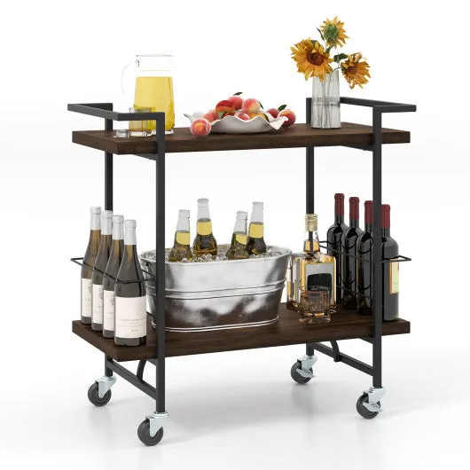 2-Tier Home Bar Cart with Lockable Wheels and Heavy-Duty Metal Frame-Rustic Brown