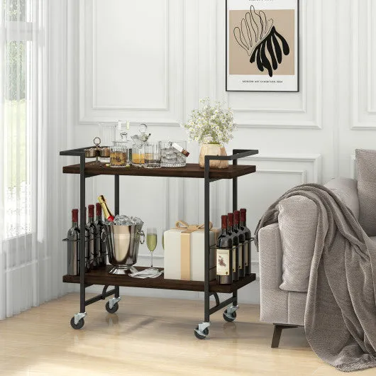 2-Tier Home Bar Cart with Lockable Wheels and Heavy-Duty Metal Frame-Rustic Brown