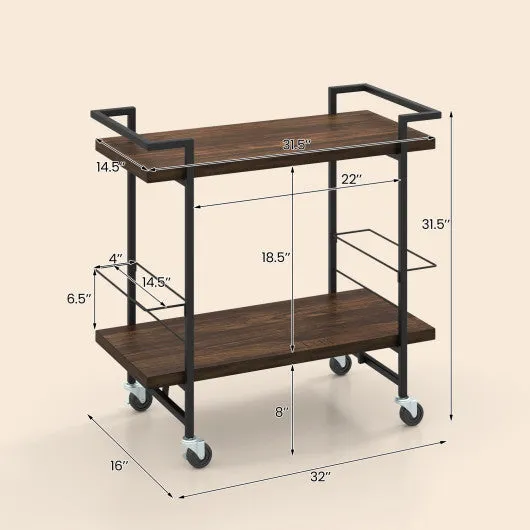 2-Tier Home Bar Cart with Lockable Wheels and Heavy-Duty Metal Frame-Rustic Brown