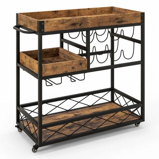 3-Tier Rolling Bar Cart with Removable Tray and Wine Rack-Rustic Brown