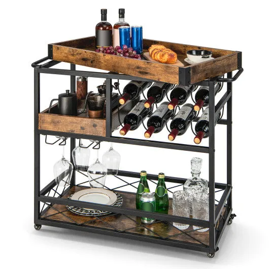 3-Tier Rolling Bar Cart with Removable Tray and Wine Rack-Rustic Brown