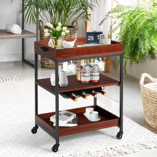 3 Tiers Kitchen Island Serving Bar Cart with Glasses Holder and Wine Bottle Rack