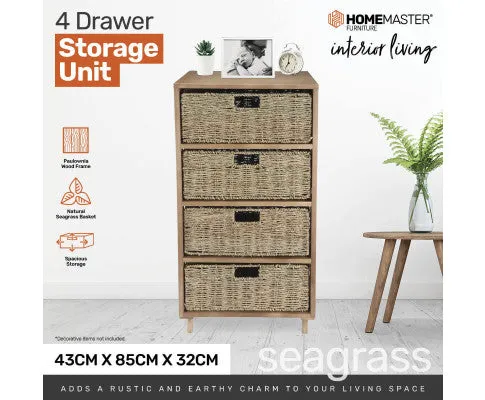 4 Drawer Natural Seagrass Wooden Storage Chest Stylish 85cm