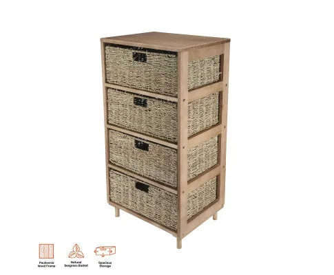 4 Drawer Natural Seagrass Wooden Storage Chest Stylish 85cm