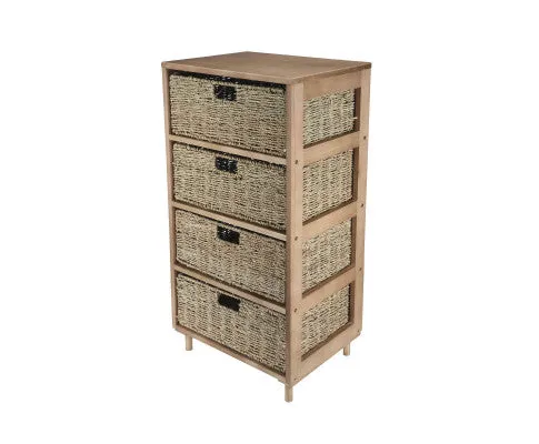 4 Drawer Natural Seagrass Wooden Storage Chest Stylish 85cm