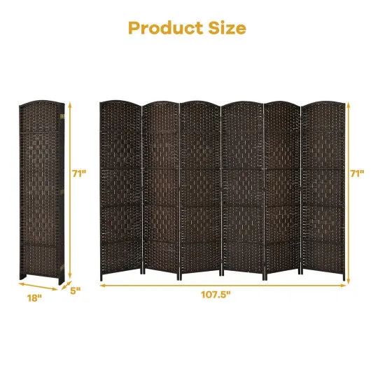 6.5Ft 6-Panel Weave Folding Fiber Room Divider Screen-Brown