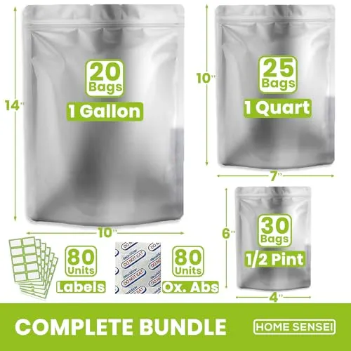 75pcs Mylar bags for Food Storage - Extra Thick 10 Mil - Gallon/Quart/Pint - Mylar Bags with Oxygen Absorbers 400cc - Zip Resealable Mylar Bags - Mylar Food Storage Bags - Bolsas Mylar