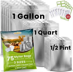 75pcs Mylar bags for Food Storage - Extra Thick 10 Mil - Gallon/Quart/Pint - Mylar Bags with Oxygen Absorbers 400cc - Zip Resealable Mylar Bags - Mylar Food Storage Bags - Bolsas Mylar