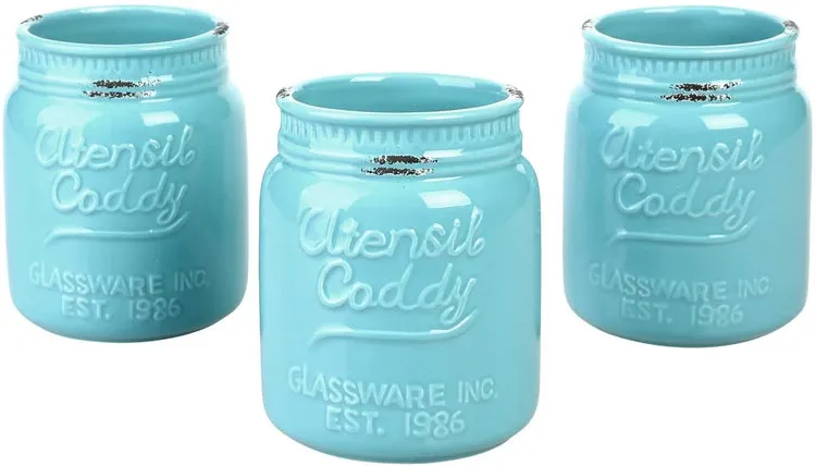 Aqua Ceramic Embossed Mason Jar Kitchen Utensil Flatware Caddy, Set of 3