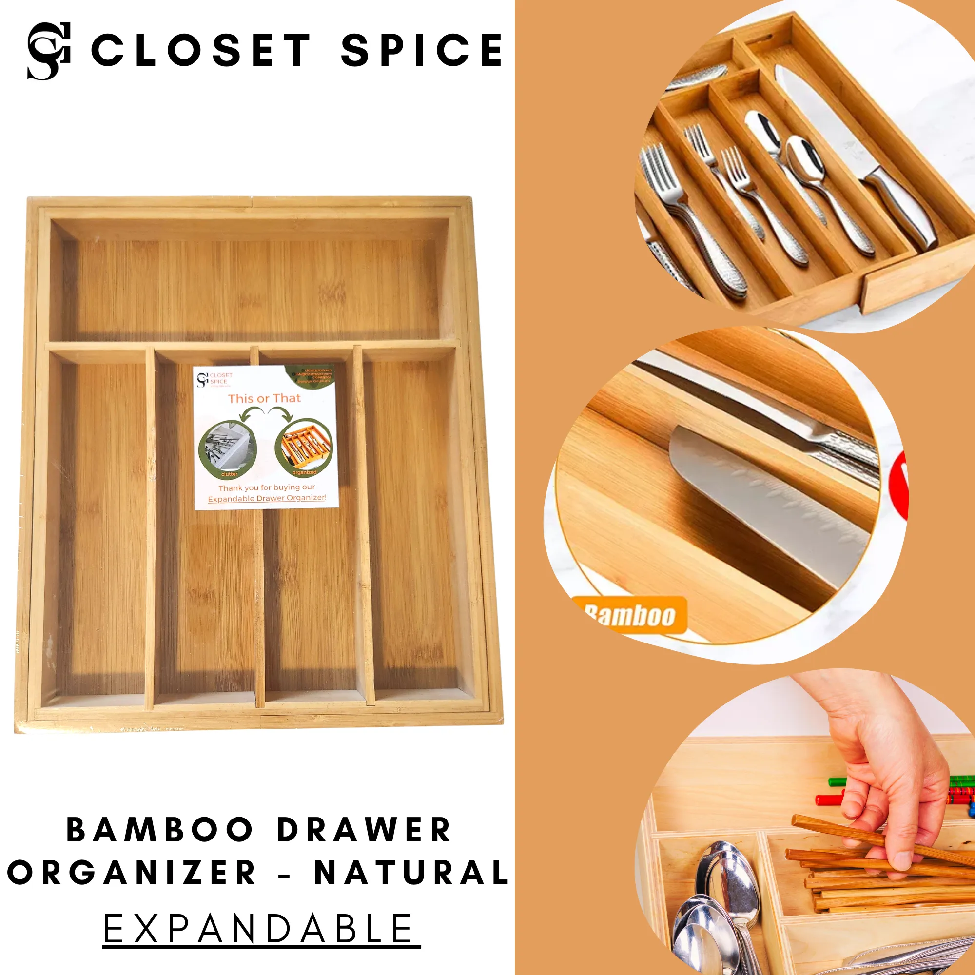 Bamboo Drawer Organizer - Expandable, Natural