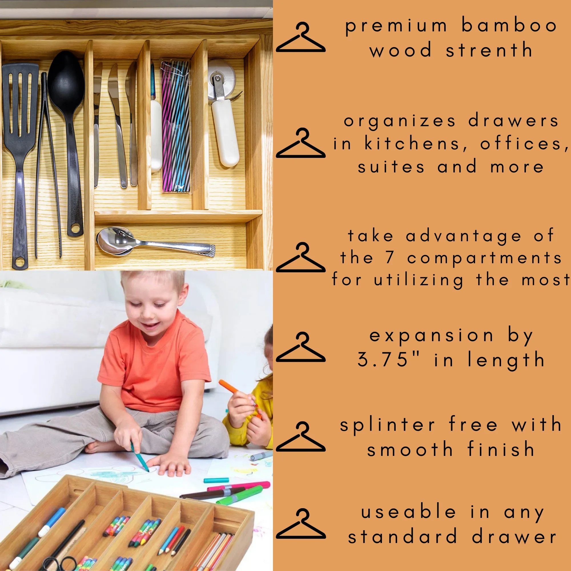 Bamboo Drawer Organizer - Expandable, Natural