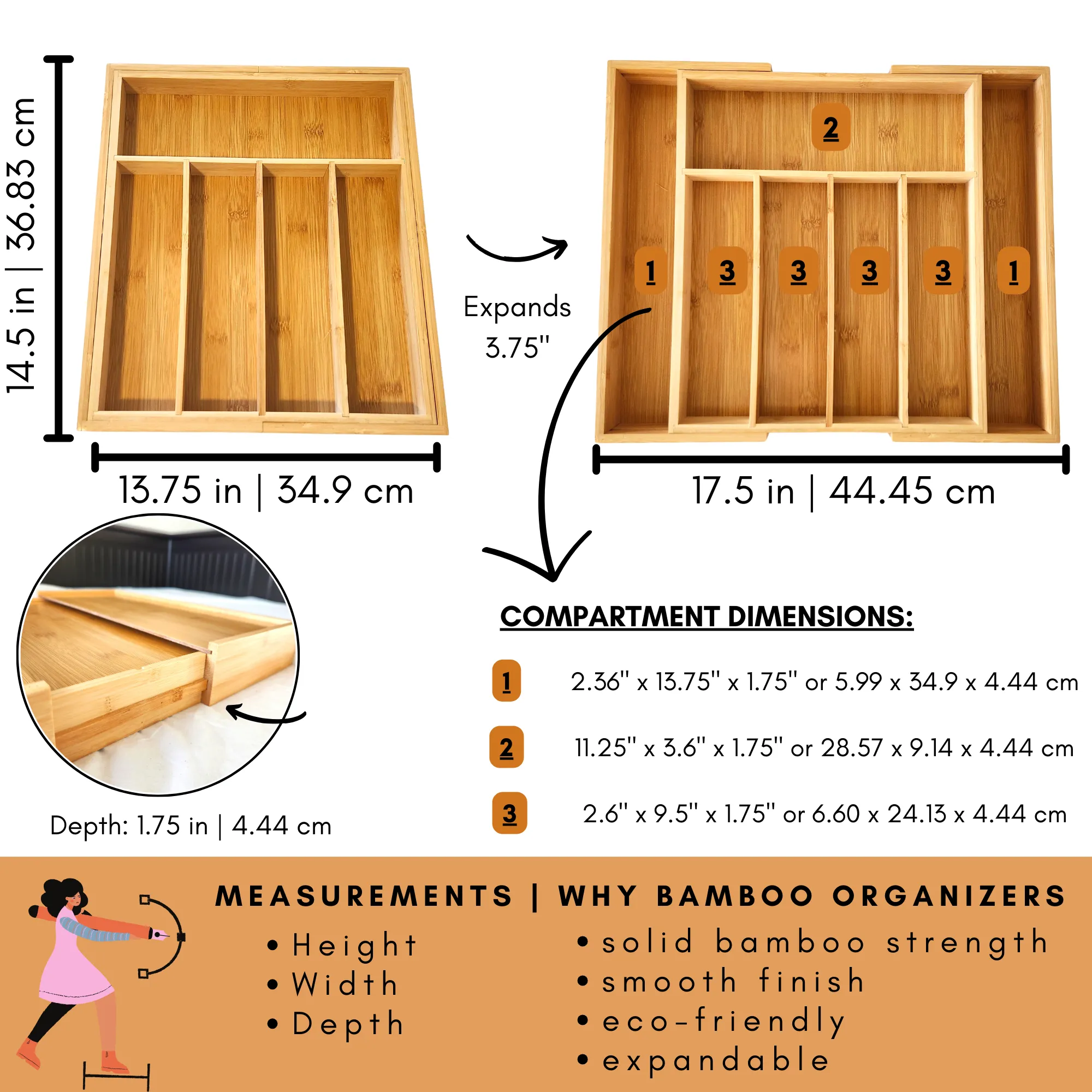 Bamboo Drawer Organizer - Expandable, Natural