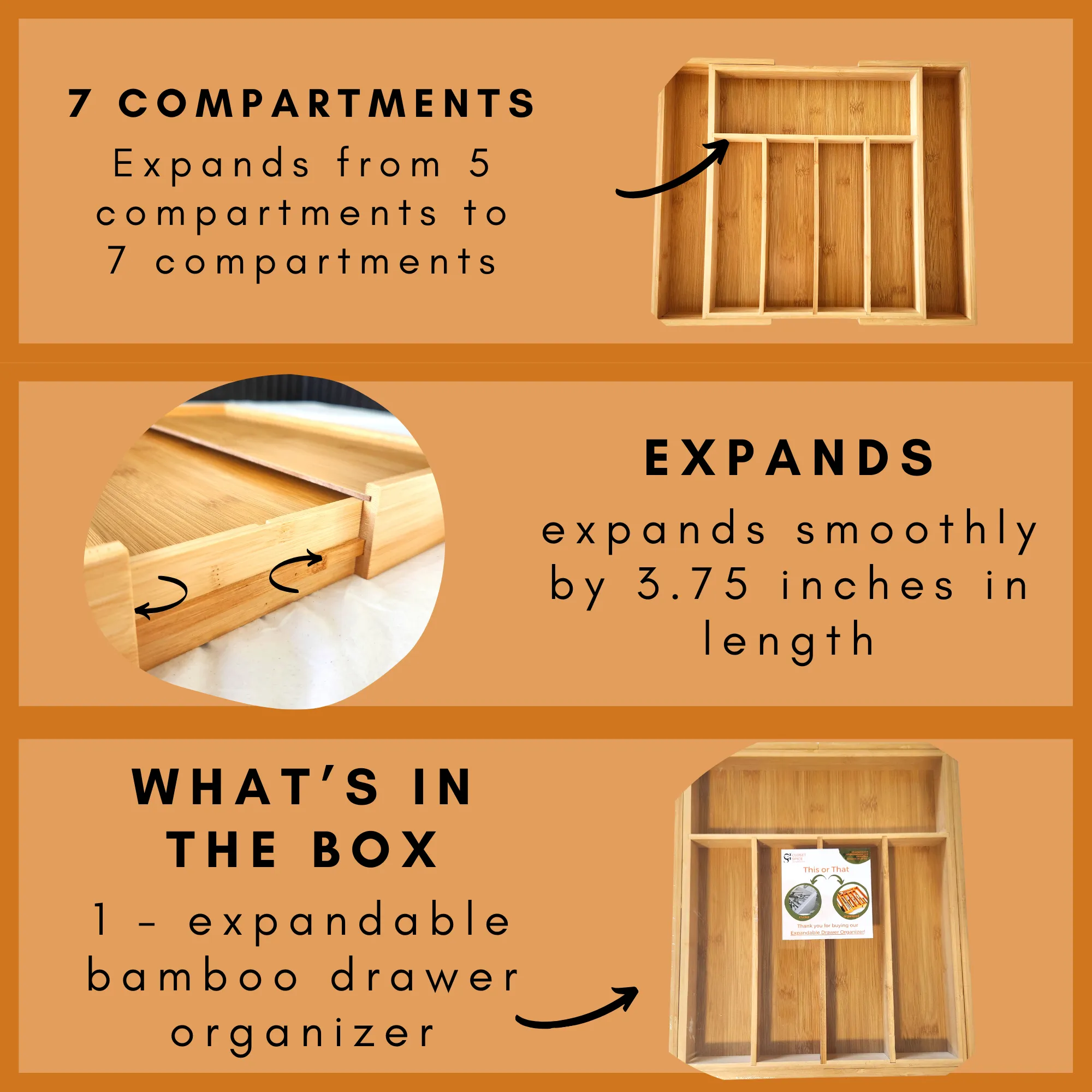 Bamboo Drawer Organizer - Expandable, Natural