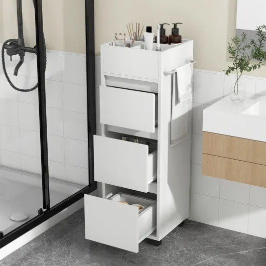 Bathroom Floor Cabinet with 3 Drawers  4 Top Dividers and 1 Towel Rack-White