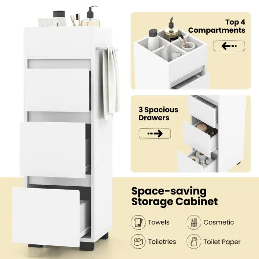 Bathroom Floor Cabinet with 3 Drawers  4 Top Dividers and 1 Towel Rack-White