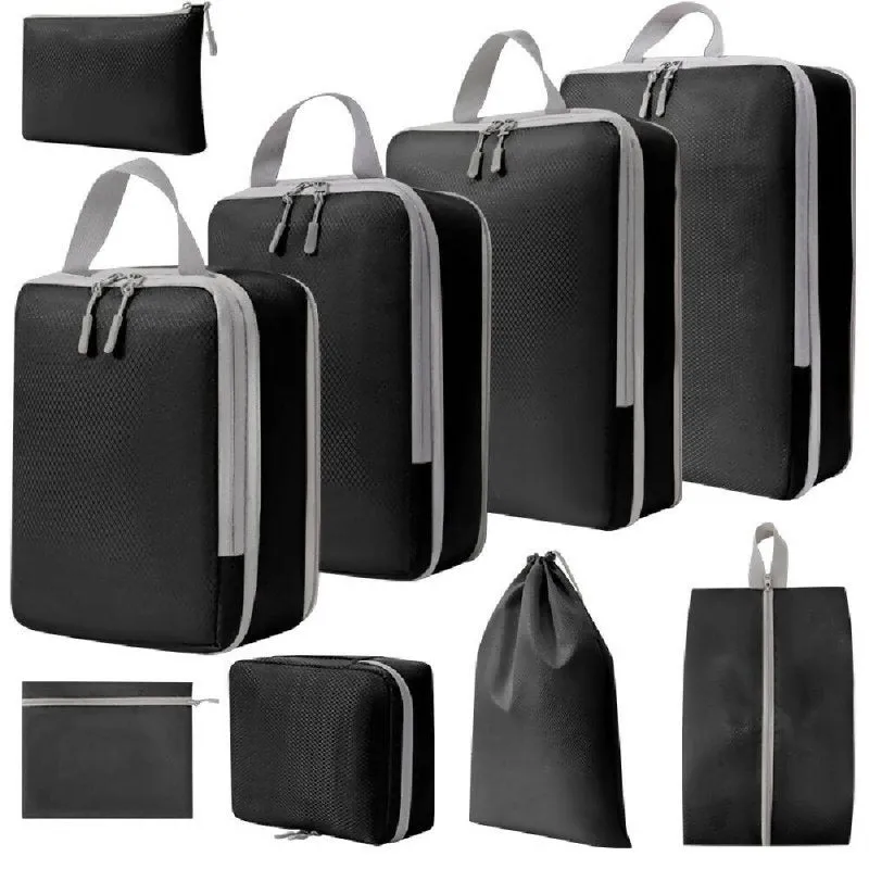 Black 9 in 1 compression packing travel bags | Expandable polyester packing cubes to save space