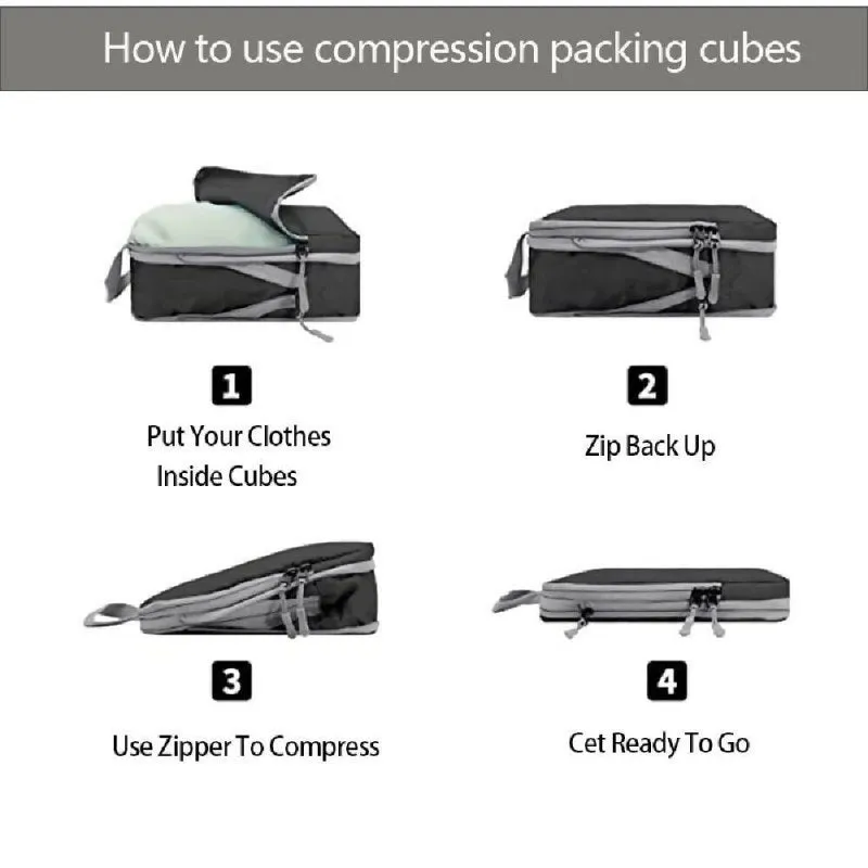 Black 9 in 1 compression packing travel bags | Expandable polyester packing cubes to save space