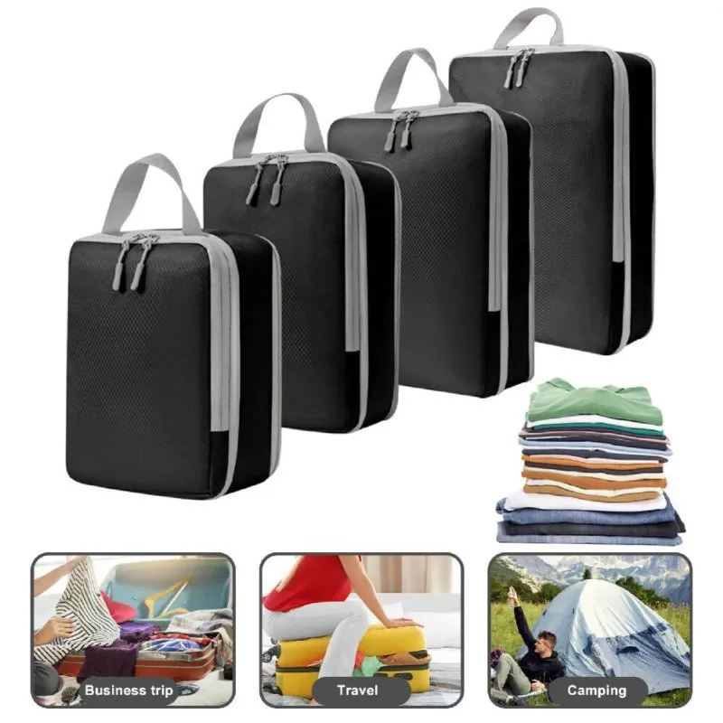 Black 9 in 1 compression packing travel bags | Expandable polyester packing cubes to save space