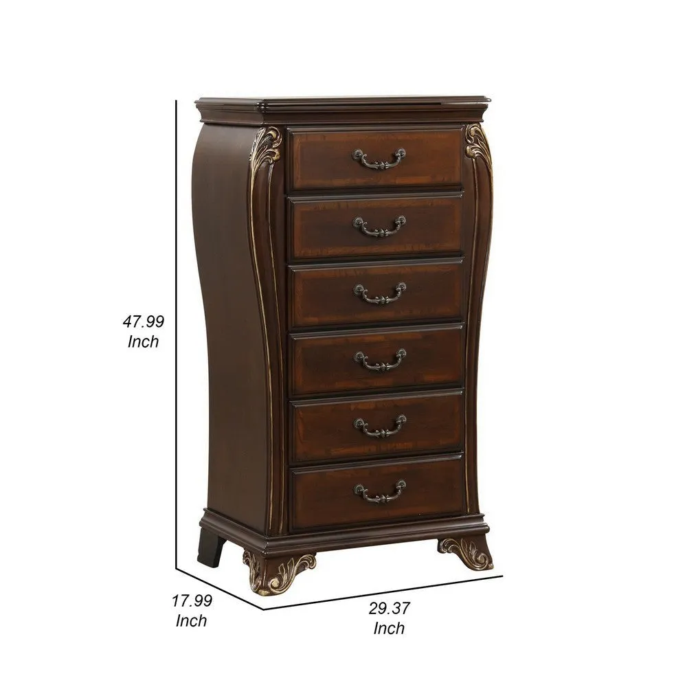 Cali 48 Inch Jewelry Chest, 6 Drawers, Drop Handles, Carved, Cherry Brown By Casagear Home