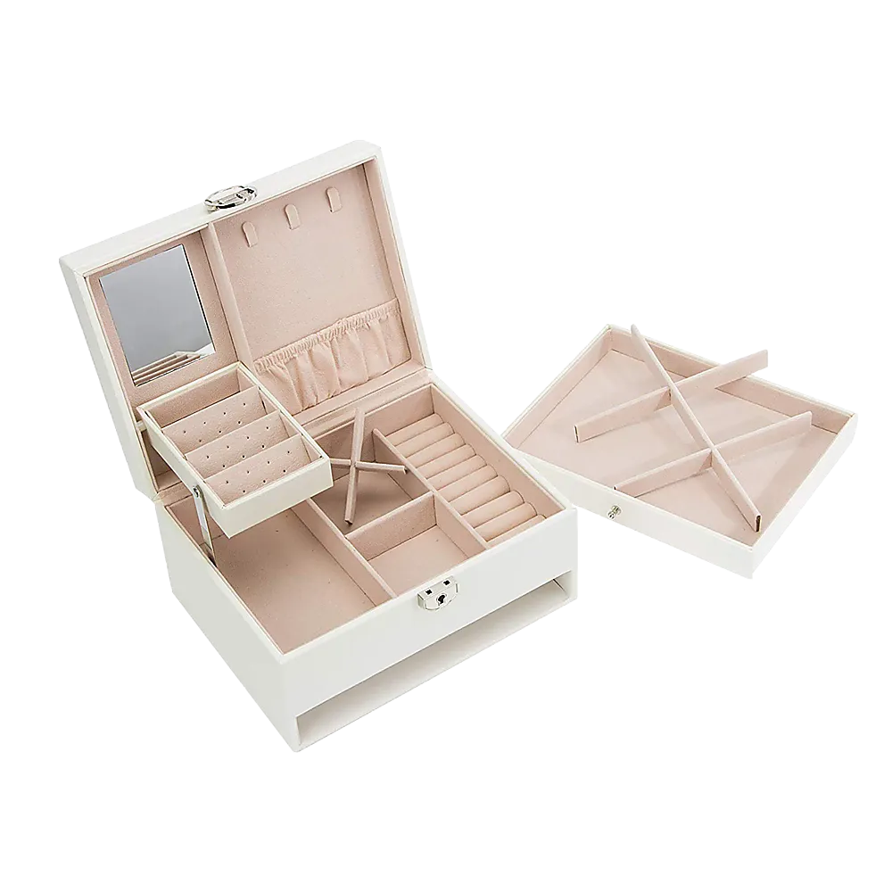 Cream Faux Leather Jewellery Storage Box 3-Tier Organizer