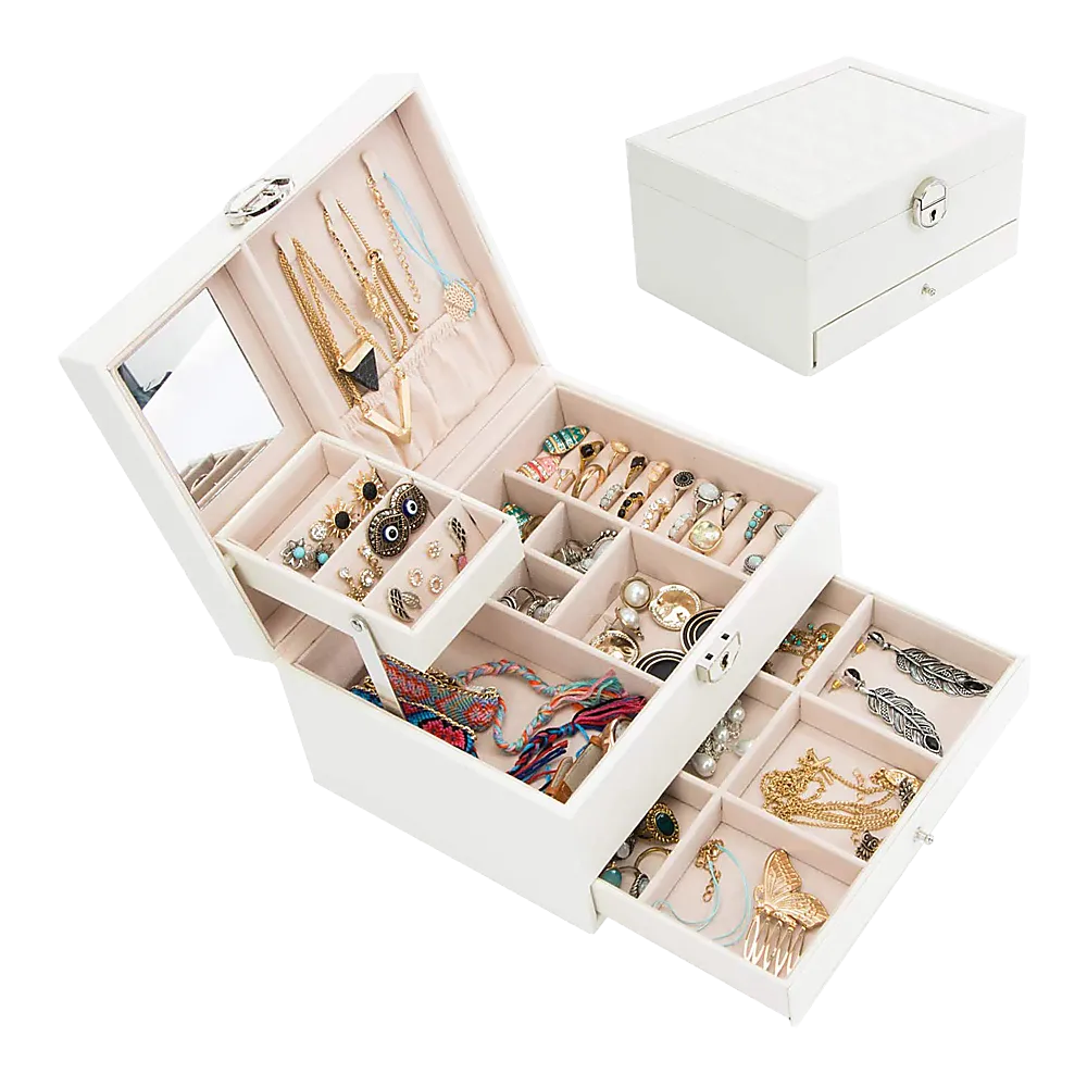 Cream Faux Leather Jewellery Storage Box 3-Tier Organizer