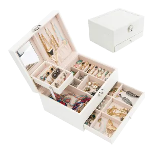 Cream Faux Leather Jewellery Storage Box 3-Tier Organizer