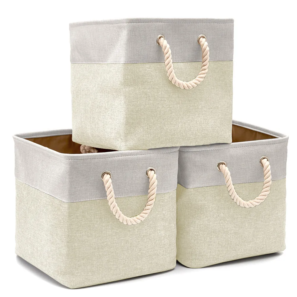 EZOWare Canvas Tweed Storage Cubes Set Baskets 33 x 33 x 33 cm of 3 - Cream