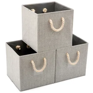 EZOWare [Set of 3] Large Fabric Storage Baskets Cube Bins with Cotton Rope Handle, Collapsible Resistant Box Organizer for Shelves, Closet, and Nursery More – Gray 33 x 33 x33 cm