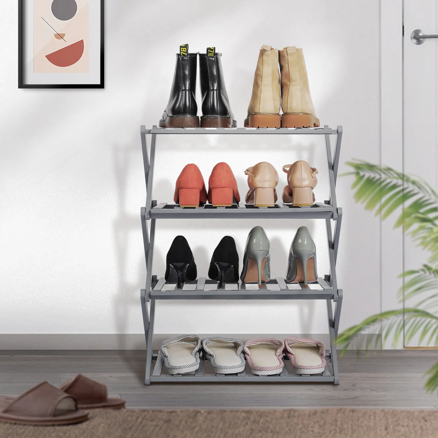 Foldable Multifunctional Shoe Rack Organizer - 4 Tier - Gray