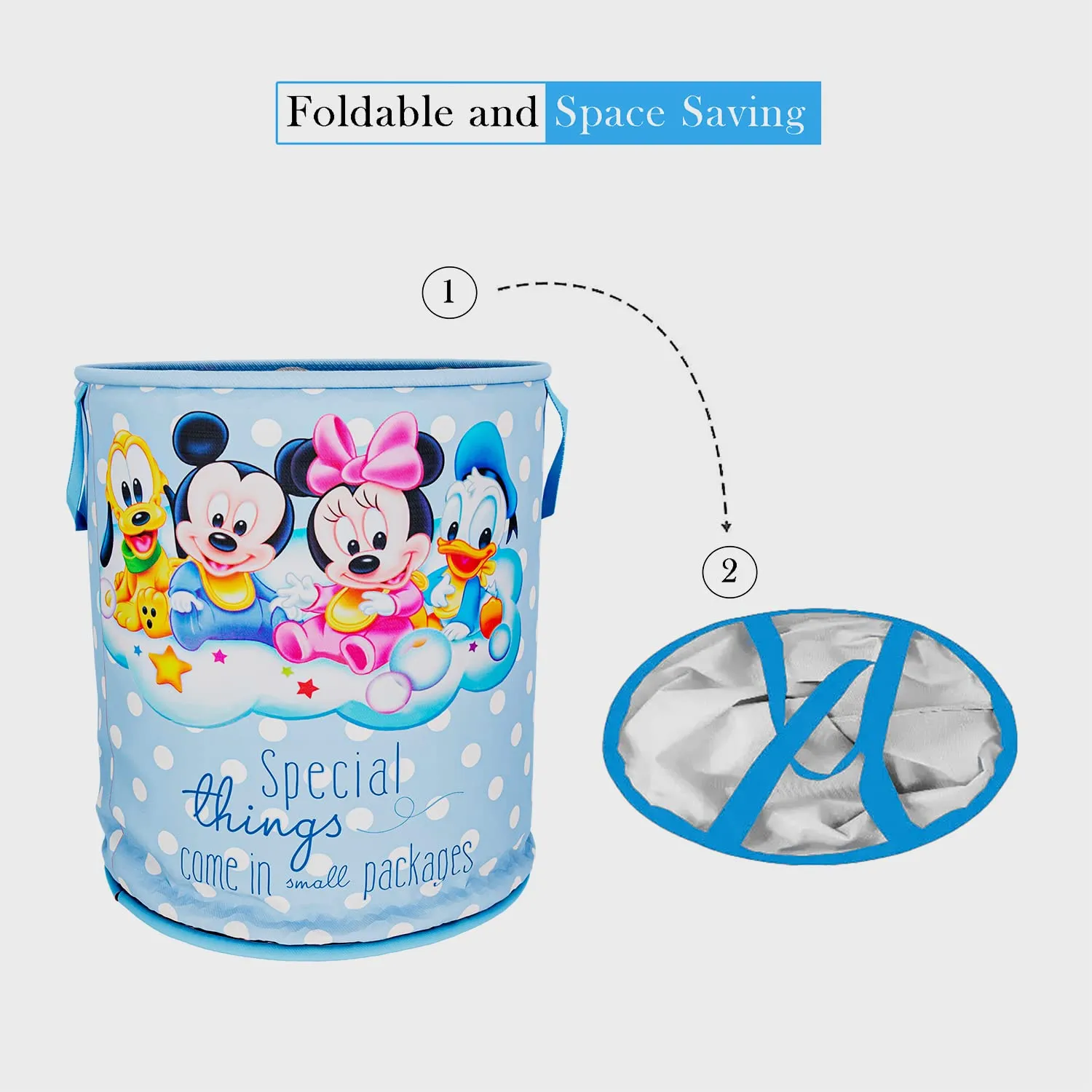 Heart Home Disney Mickey & Team Print Round Laundry Basket|Polyester Clothes Hamper|Waterproof & Foldable Round Laundry Bag with Handle,45 Ltr.(Sky Blue)