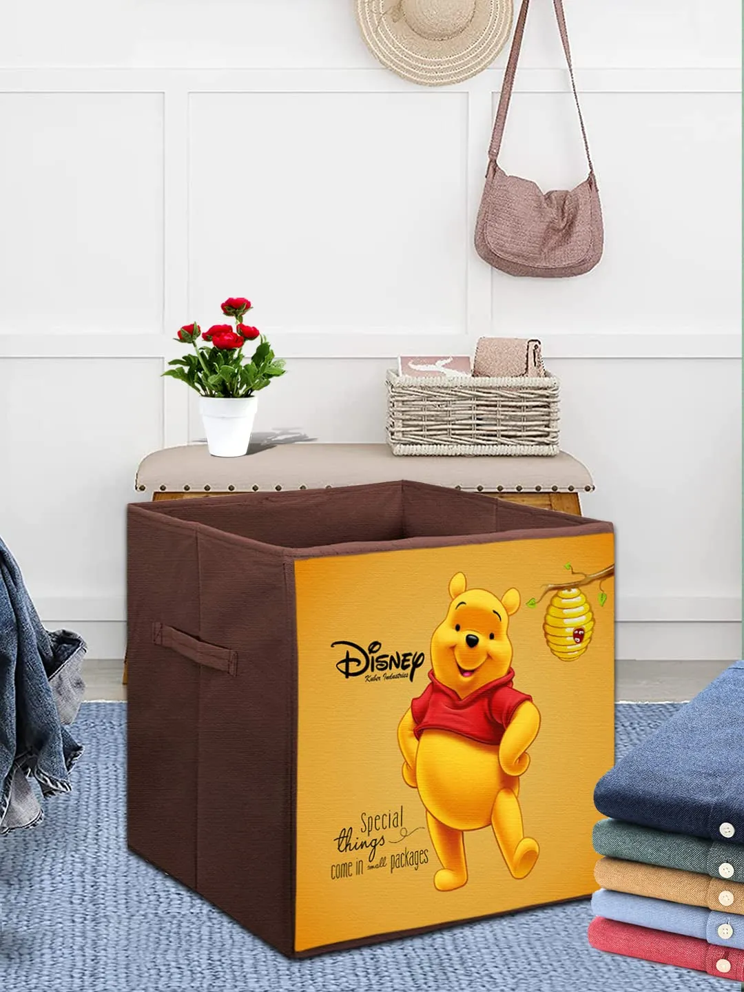 Heart Home Disney Winnie-The-Pooh Printed Non-Woven Foldable Storage Bin/Cube/Organizer For Toys, Clothes And Books With Handles- Pack of 3 (Brown) -HS43HEARTH26284