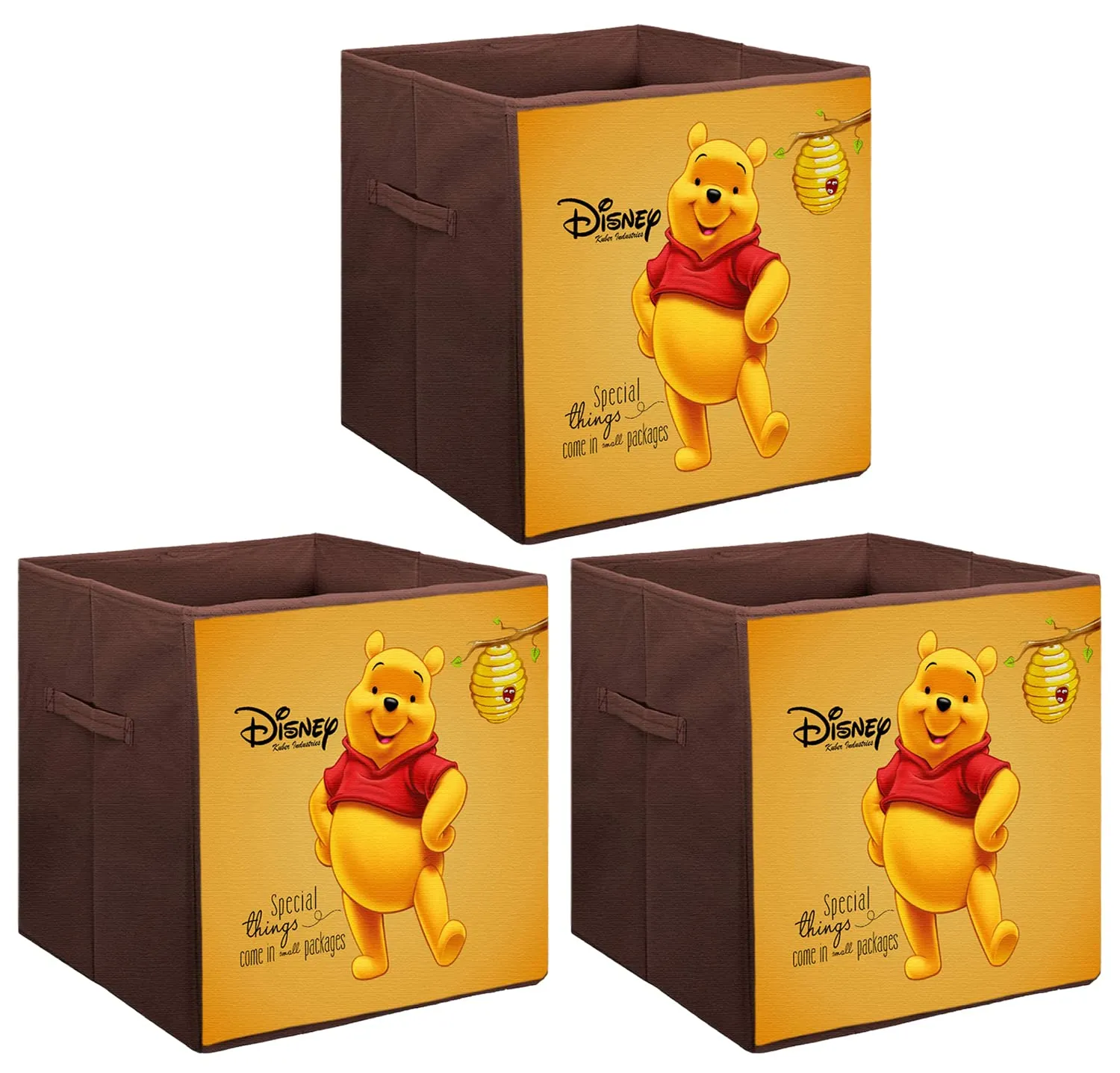 Heart Home Disney Winnie-The-Pooh Printed Non-Woven Foldable Storage Bin/Cube/Organizer For Toys, Clothes And Books With Handles- Pack of 3 (Brown) -HS43HEARTH26284