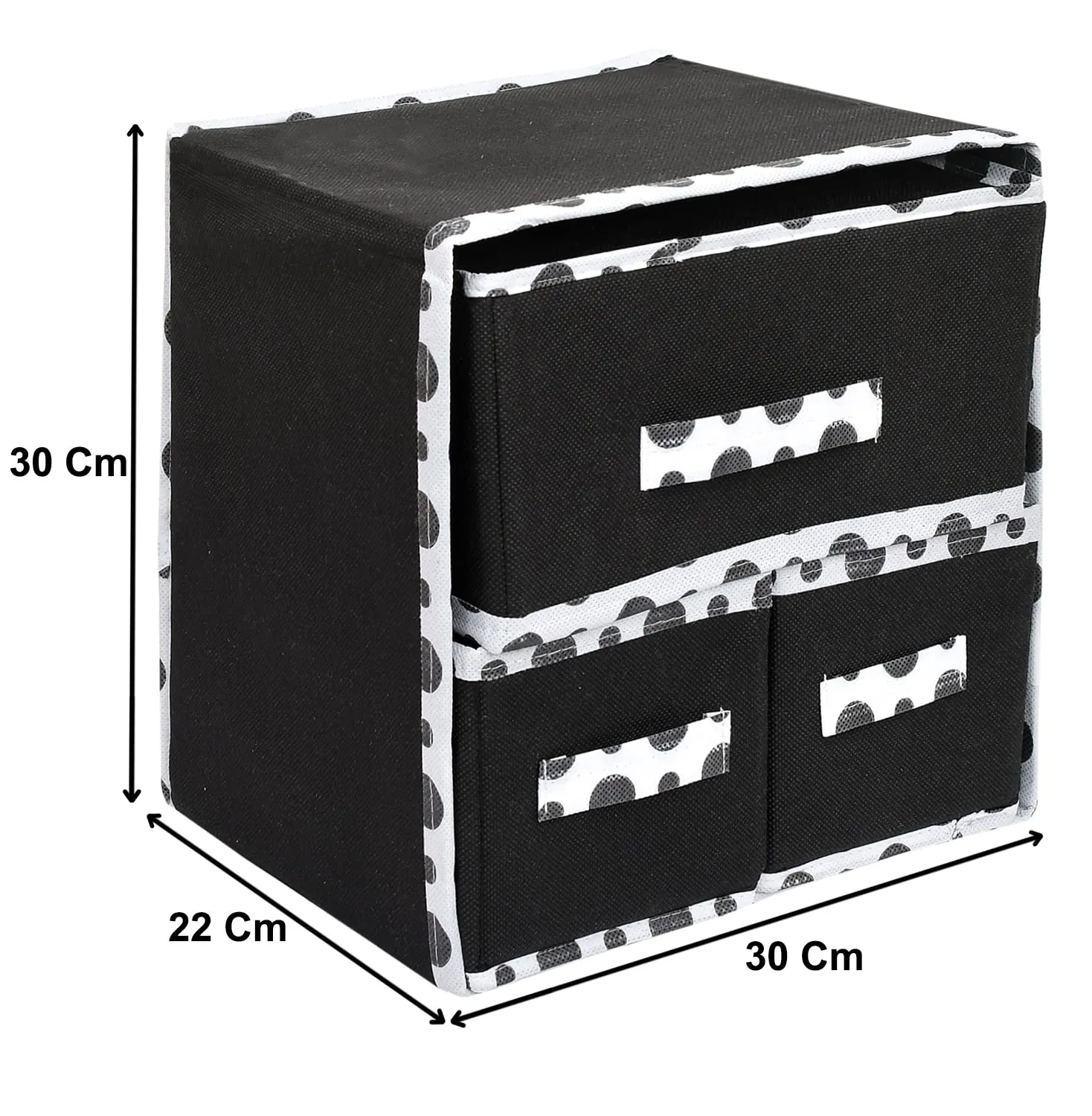 Heart Home Dot Printed 3 Drawers Foldable Non-Woven Dressing/Jewllery/Makeup Organizer Box (Black)-45HH09