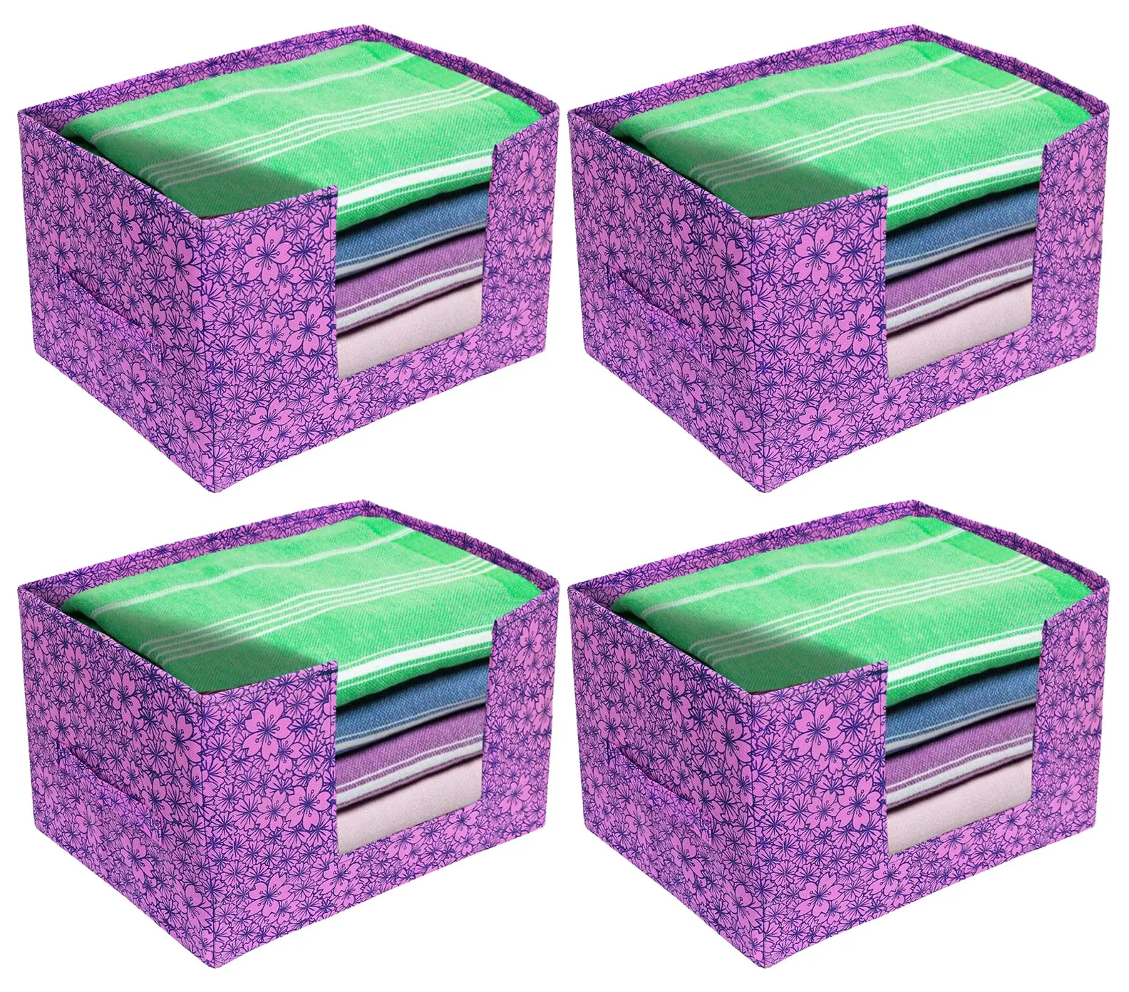 Heart Home Flower Printed Multiuses Non-Woven Closet Organizer, Storage Bin, Shelf Storage Oragnizer With Handle- Pack of 4 (Purple)-HS43HEARTH26387