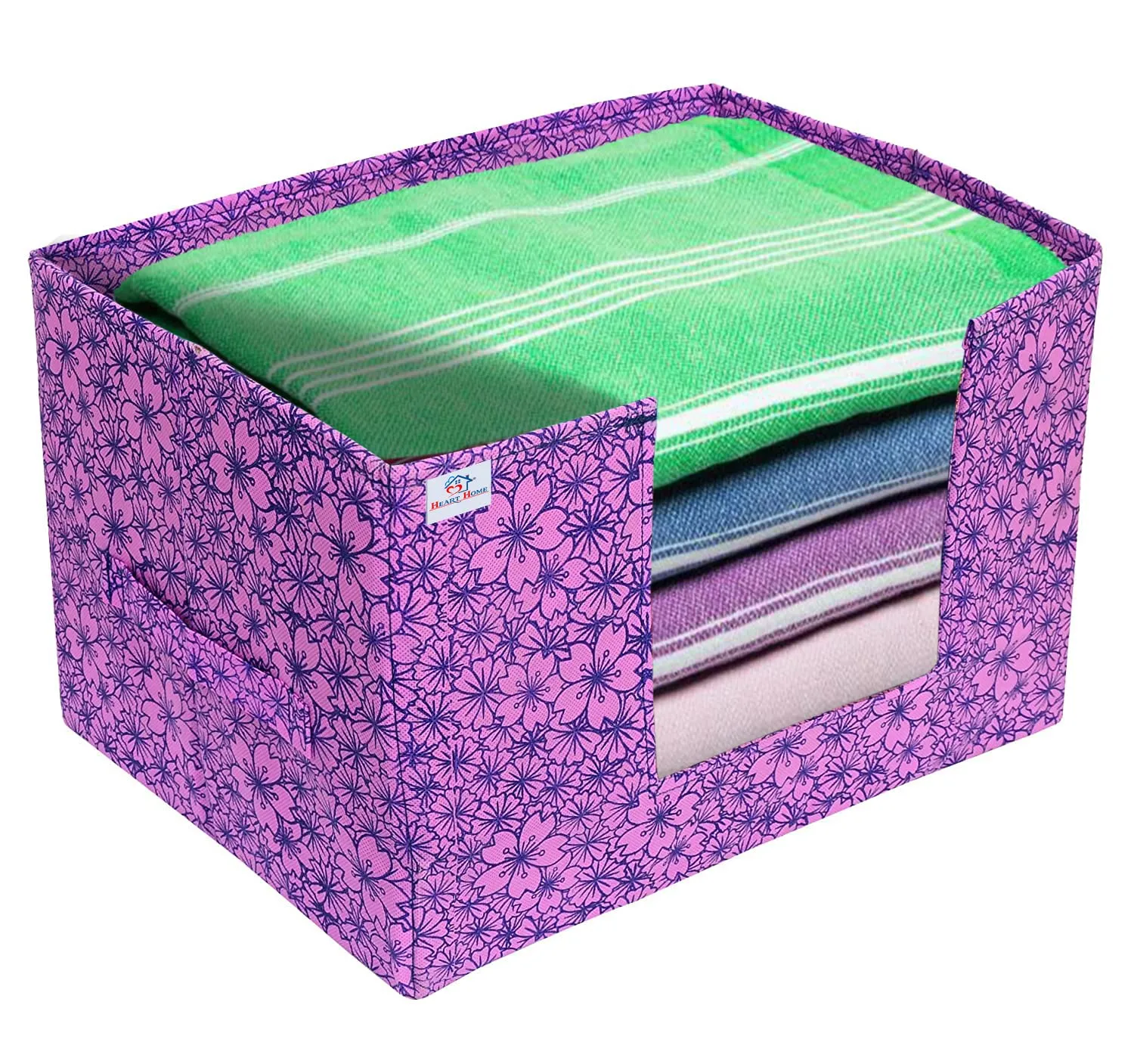 Heart Home Flower Printed Multiuses Non-Woven Closet Organizer, Storage Bin, Shelf Storage Oragnizer With Handle- Pack of 4 (Purple)-HS43HEARTH26387