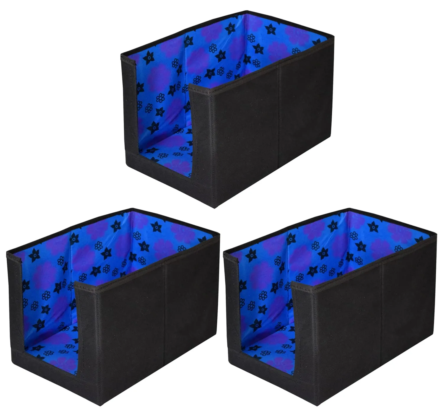 Heart Home Flower Printed Multiuses Non-Woven Closet Organizer With Handles- Pack of 3 (Black & Blue) -HS43HEARTH26521