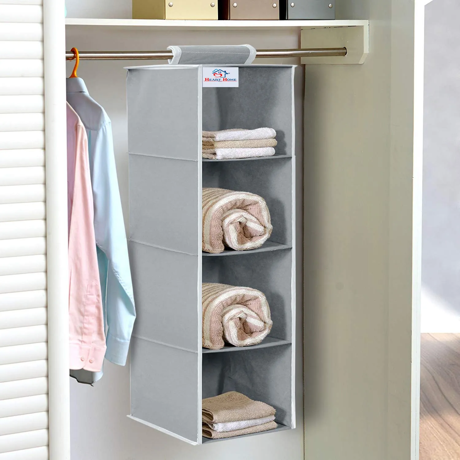 Heart Home Foldable and Universal Fit 4 Shelf Closet Hanging Fabric Storage Organizer (Grey)-HHEART15319