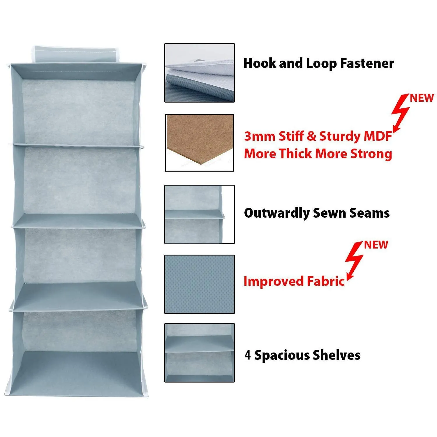 Heart Home Foldable and Universal Fit 4 Shelf Closet Hanging Fabric Storage Organizer (Grey)-HHEART15319