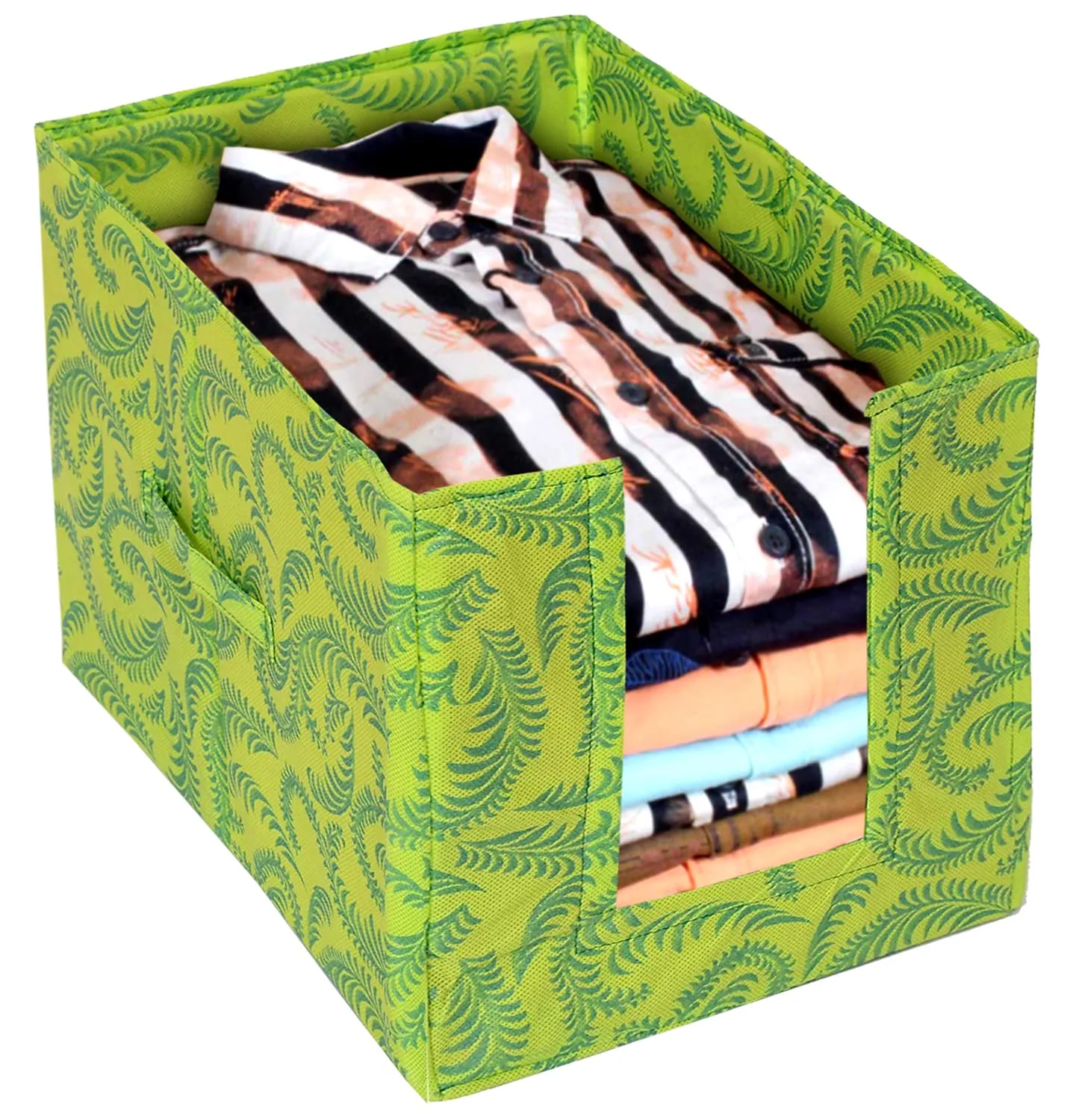 Heart Home Leaf Printed Non-Woven Foldable Shirt Stacker Closet Organizer With Handles- Pack of 6 (Green)-HS43HEARTH26474