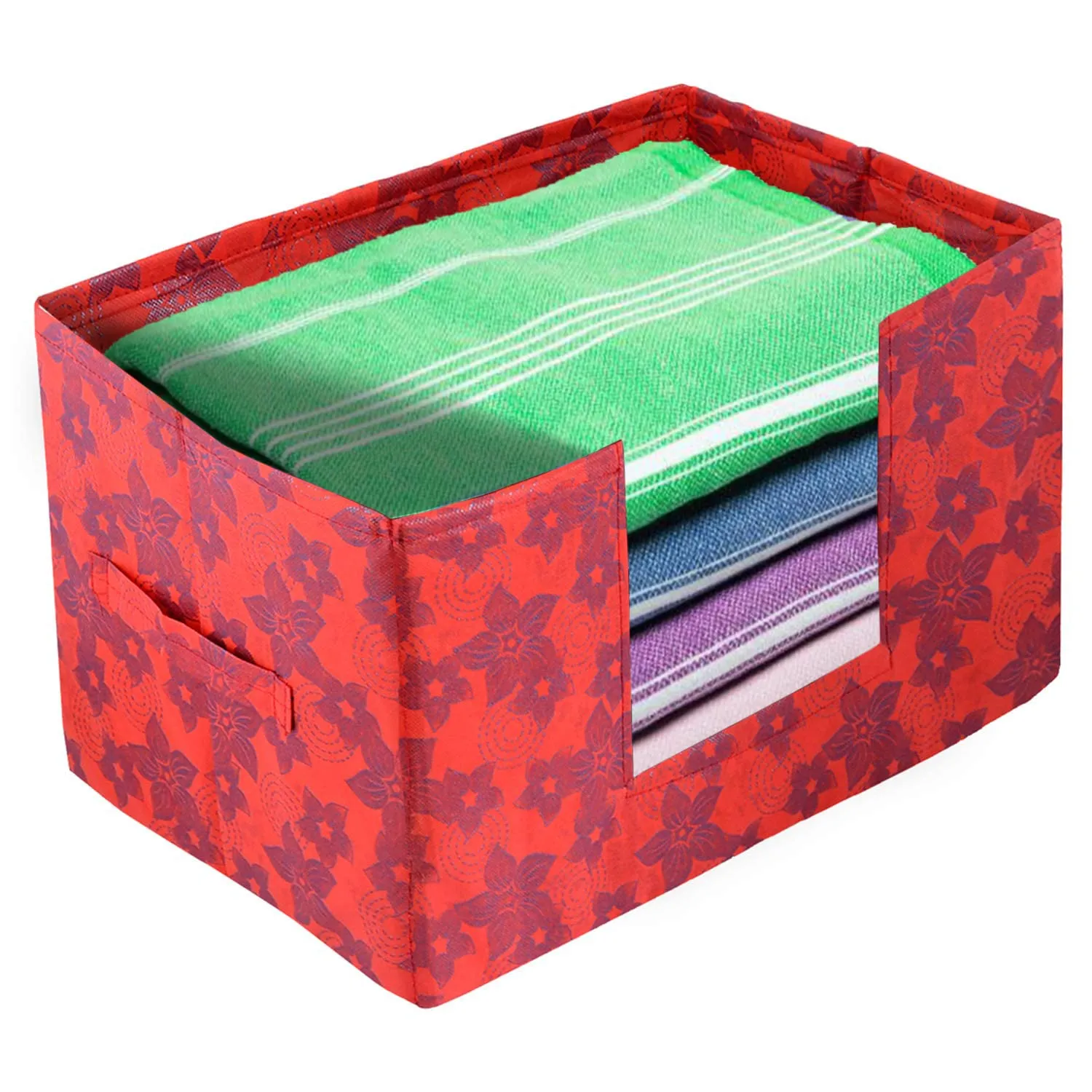 Heart Home Metallic Flower Printed Non-Woven Foldable Saree Stacker, Wardrobe Organizer, Storage Bin With Handle- Pack of 4 (Red)-HS43HEARTH26410