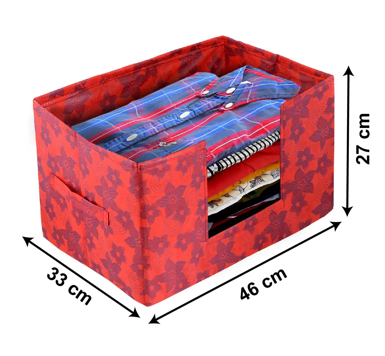 Heart Home Metallic Flower Printed Non-Woven Foldable Saree Stacker, Wardrobe Organizer, Storage Bin With Handle- Pack of 4 (Red)-HS43HEARTH26410