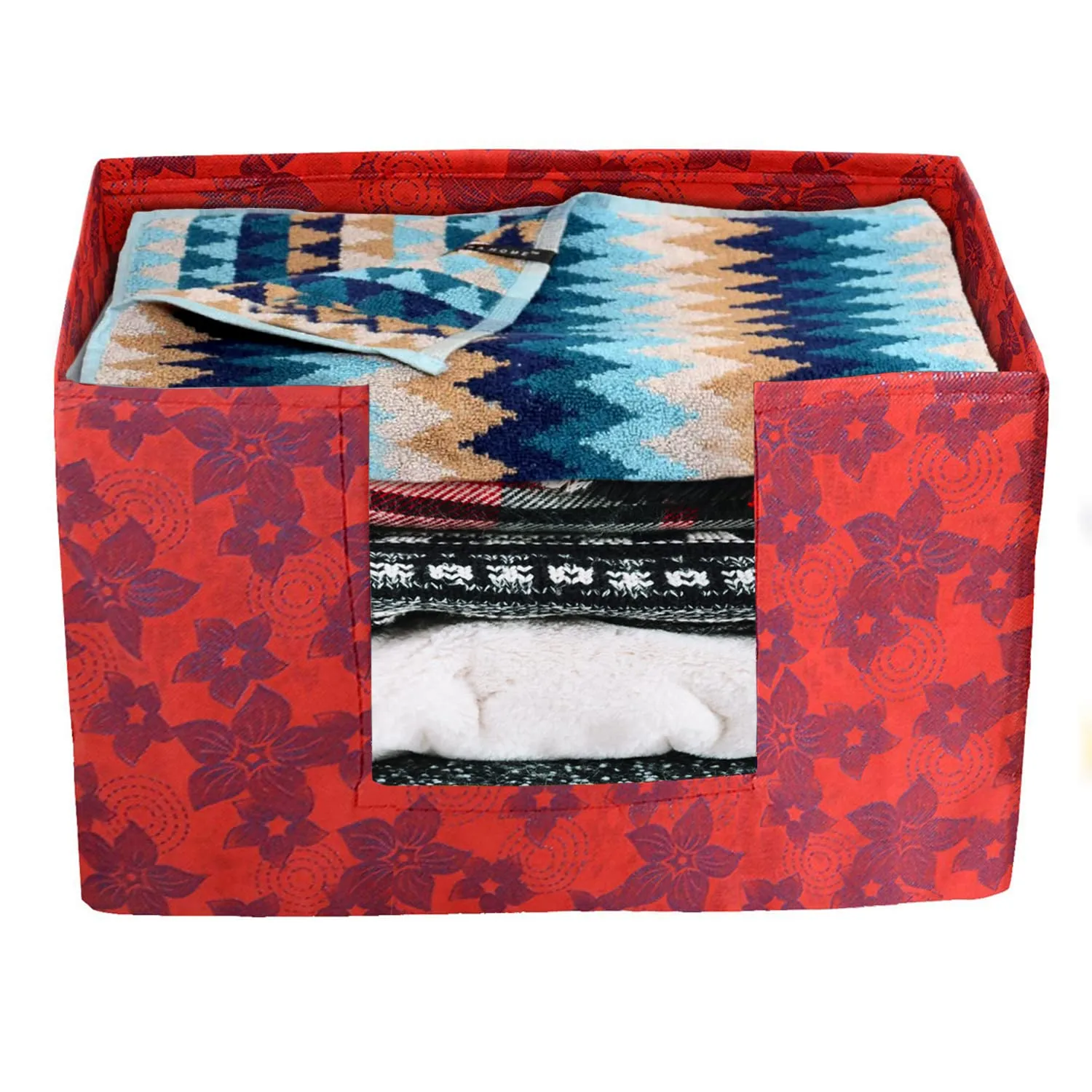 Heart Home Metallic Flower Printed Non-Woven Foldable Saree Stacker, Wardrobe Organizer, Storage Bin With Handle- Pack of 4 (Red)-HS43HEARTH26410