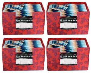 Heart Home Metallic Flower Printed Non-Woven Foldable Saree Stacker, Wardrobe Organizer, Storage Bin With Handle- Pack of 4 (Red)-HS43HEARTH26410