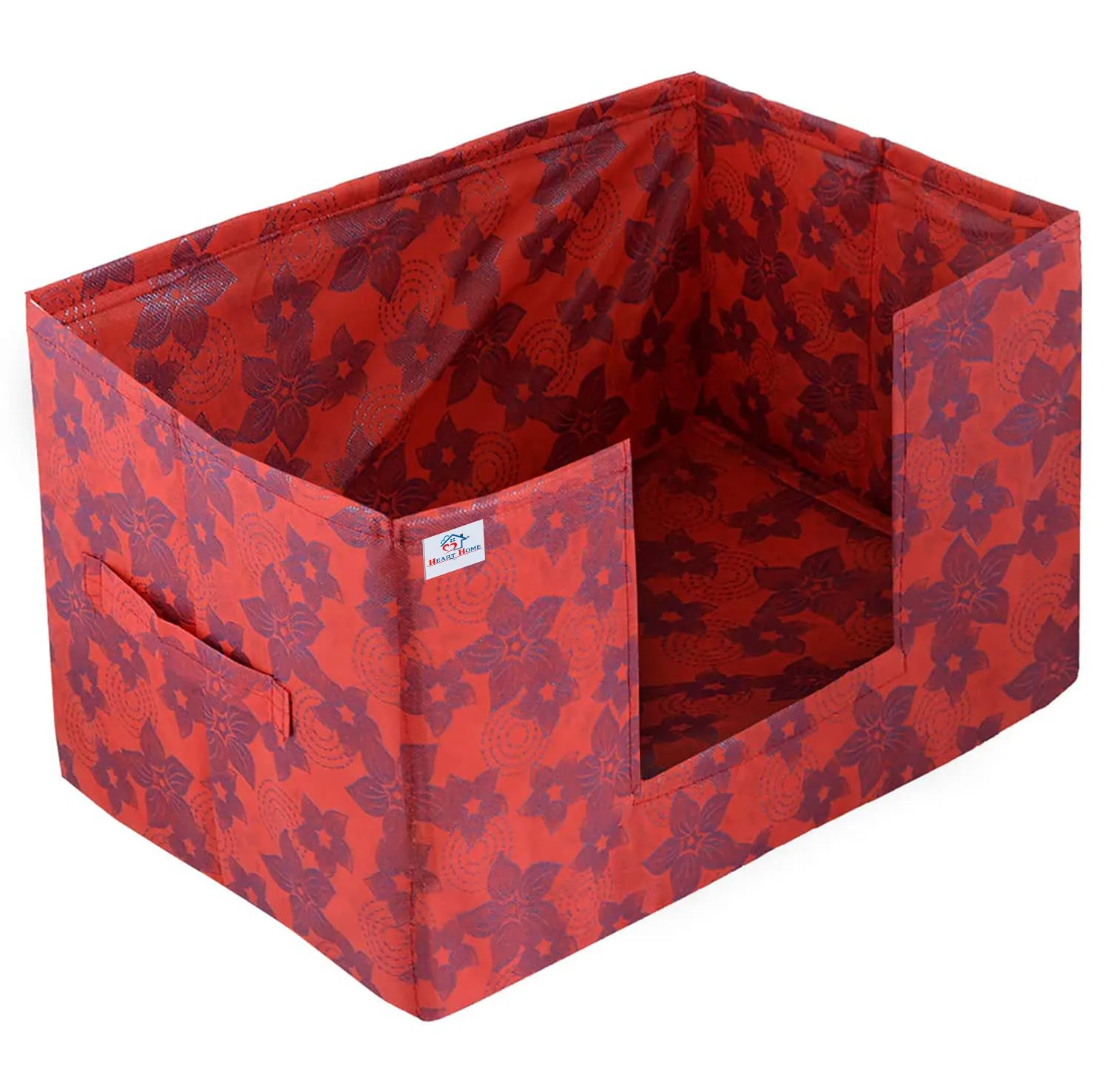 Heart Home Metallic Flower Printed Non-Woven Foldable Saree Stacker, Wardrobe Organizer, Storage Bin With Handle- Pack of 4 (Red)-HS43HEARTH26410